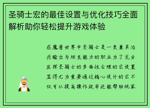 圣骑士宏的最佳设置与优化技巧全面解析助你轻松提升游戏体验